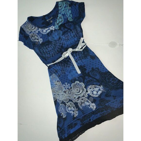 PRE-OWNED DESIGUAL DRESS blue black navy white paisley print SUPER CUTE! - Picture 2 of 6
